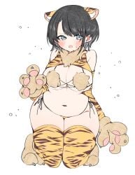 2022 animal_ears animal_paws armwear belly big_breasts bikini bikini_bottom bikini_top black_hair blue_eyes blush blush_lines cleavage curvy dark_hair embarrassed eyebrows_visible_through_hair hololive hololive_gen_2 hololive_japan legwear looking_at_viewer navel oozora_subaru open_mouth plump simple_background thick_thighs thighs tiger_ears tiger_paws tiger_print tiger_print_armwear tiger_print_bikini tiger_print_legwear tomboy virtual_youtuber white_background yubinobansoukoo