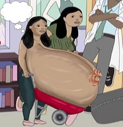 1boy 1girls black_hair breasts_bigger_than_torso china,_il gigantic_breasts gothicazn lactation lactation_without_expressing long_hair pony_merks tagme thought_bubble topless_female wheelbarrow