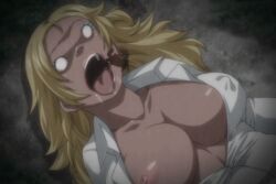 1animal 1girls animated big_breasts blonde_hair cleavage corpse crab curvy_female dark-skinned_female dark_skin dead_eyes death eroquis exposed_breasts eyelashes female female_death gyaru himura_ai jutaijima long_hair nipples open_blouse open_mouth pink_lips rain saliva solo tongue_out voluptuous white_blouse white_eyes