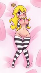 blonde_hair blue_eyes blush breasts crown elbow_gloves eyelashes female female_only gloves hand_on_own_chest human ihara legwear long_hair looking_at_viewer lying mario_(series) narrow_waist navel nintendo nipples nude on_back princess_peach pussy smile solo stockings striped striped_gloves striped_legwear thighhighs wink