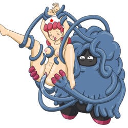 areolae ass black_eyes blush breasts closed_eyes female hat human long_hair nipples nude nurse nurse_joy open_mouth pink_hair plant pokemon pokephilia pussy_juice rape restrained spread_legs suspension tangrowth tentacle tentacle_rape tongue vaginal_penetration wet white_background