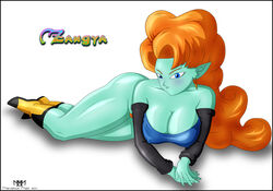 1girls alien_girl blue_eyes blue_skin breasts covered_breasts covering_breasts dragon_ball dragon_ball_z female humanoid long_hair marvelous_mark orange_hair pointy_ears zangya