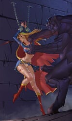 blonde_hair blood breasts chains cloak dc depowered handcuffs miniskirt monster pain penis pleated_skirt skirt supergirl torn_clothes white_panties