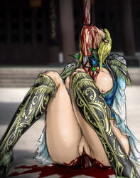 ayaswan beige_skin bleeding blonde_hair blood blood_puddle blood_stain breasts clothes color death dynasty_warriors female female_death female_only front_view gore guro hair human impalement injury insertion nipples outdoors puncture red_blood solo vaginal_insertion vulva wang_yuanji wound