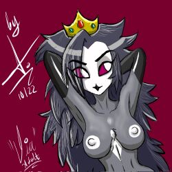 aged_up anthro areola avian beak bird black_body black_feathers black_hair breasts demon feathers female hair hands_behind_head helluva_boss hi_res nibirux nipples octavia_(helluva_boss) owl owl_demon simple_background smile solo thick_thighs white_areola white_body white_feathers white_nipples