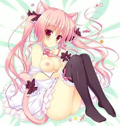 ameto_yuki beige_skin breasts cat_ears cat_tail clothes female female_only fur furry_ears furry_tail hair kemonomimi long_hair lying naked_apron nipples on_side original pink_fur pink_hair pointy_ears solo tagme tail topless