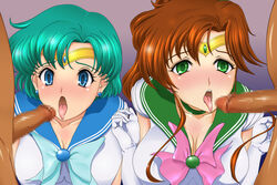 2girls ami_mizuno big_breasts bishoujo_senshi_sailor_moon blue_eyes blue_hair brown_hair brunette censored choker circlet cleavage clothing elbow_gloves female female_focus gloves green_eyes makoto_kino male medium_breasts penis sailor_jupiter sailor_mercury sonota_taisei tagme tongue_out