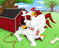 anthro barnyard_dawg bird bone canine chicken cum_on_body cum_on_face cum_on_penis cumshot day dog dog-bone doghouse erection evil_grin foghorn_leghorn foot_on_face fur gay holding_penis humanoid_penis interspecies looney_tunes lying male male_only mammal middle_finger multiple_males nude on_back outdoors penis sdawg soft_feathers spread_legs tagme testicles yaoi