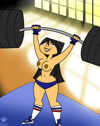 beauty_mark bigtyme black_hair breasts eva_(tdi) gym long_hair panties smile total_drama_island weightlifting weights