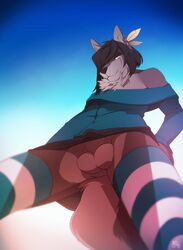 2015 anthro balls bulge canine clothing crossdressing dress feathers girly hair inviting legwear looking_at_viewer looking_down low-angle_shot male mammal patto plain_background sheath stockings vpl worm's-eye_view