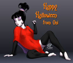 1girls aged_up areola armwear beetlejuice black_hair bridal_gauntlets eyeliner eyeshadow feet female goth human legwear lipstick lydia_deetz makeup nail_polish nipples oni_(artist) outerwear pale_skin see-through stirrup_legwear tagme teenager tim_burton