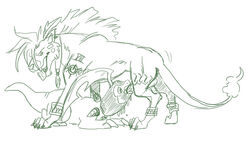 bayleef crossover cum fellatio feral feral_only final_fantasy final_fantasy_vii fire fur insertion interspecies male monochrome nude oral penis pokemon pokemon_(species) red_xiii side_view sketch tail tail_fire