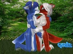 3d anthro barefoot blue_fur blue_hair breasts closed_eyes color cyraks day female female_only fingering fox fur furry furry_breasts furry_ears furry_tail grass hair kissing kneeling krystal multiple_females nipples nude outdoors pink_nipples pointy_ears red_fur short_hair star_fox tail white_fur white_hair yuri