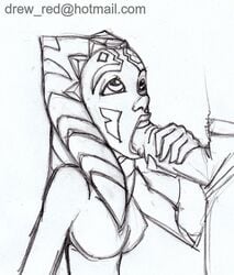 1girls ahsoka_tano black_and_white clone_wars drawing fellatio female looking_up medium_breasts monochrome oral penis_hold reddrew star_wars tagme the_clone_wars:_season_one togruta