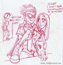 1girls 2boys beast_boy dc dc_comics dick_grayson english_text female human male monochrome multiple_boys reddrew robin_(dc) robin_(dick_grayson) sex sketch straight teen_titans terra text