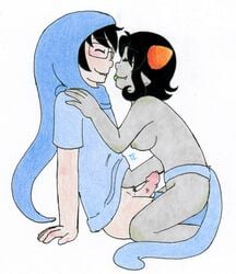 1boy 1girls ass black_hair breasts buckteeth closed_eyes clothing fangs glasses god_tier_outfit green_nipples grey_skin homestuck hoodie horns john_egbert ms_paint_adventures naked nepeta_leijon nipples pandemoniumincarnate penis pointy_ears short_hair straight tongue_out troll white_background white_skin