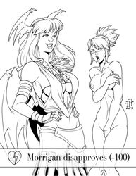 2010s 2011 2girls annoyed big_breasts bioware black_and_white breasts callmepo capcom clothing cosplay crossover darkstalkers dragon_age dragon_age_origins eastern_and_western_character embarrassed embarrassed_nude_female enf female female_only large_breasts monochrome morrigan_(dragon_age) morrigan_(dragon_age)_(cosplay) morrigan_aensland multiple_girls naked name_connection nipples nude nude_female smile source_request