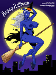 2011 blue-skinned_female blue_skin broom carrera_silverhair cosplay draenei female female_only flying gentlemanplayer halloween huge_breasts humanoid night nude_female riding_broom solo solo_female topless torn_skin ultrafem voluptuous white_hair witch_costume witch_hat world_of_warcraft