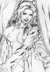 1girls breasts carlos_silva emma_frost female female_only marvel monochrome nipples solo white_queen x-men