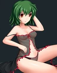 1girls black_panties dark_background dark_blue_background gown green_eyes light-skinned_female light_skin lingerie orange_eyes panties see-through_clothing see-through_panties touhou yuka_kazami