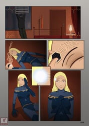 blonde_hair closed_eyes clothing comic comic_page drugged female grey_eyes iron_man iron_man_armored_adventures long_hair madame_masque marvel mind_control passed_out sleeping triplehex unconscious unseen_male_face whitney_stane