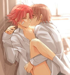 2boys against_wall bandaid_on_face brown_hair classroom implied_anal kikumaru_eiji kissing_while_penetrated legs_up male_only prince_of_tennis red_hair shirt_open syusuke_fuji