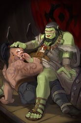 2boys bara beard chyringa clothes clothing cum cum_on_face erection facial_hair feet garrosh_hellscream gay hand_on_head male male_only muscles nose_piercing oral penis sandals tattoos thrall world_of_warcraft yaoi