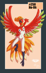 4_toes anthro barefoot beak black_nipples breasts claws closed_mouth color female female_only flying hand_on_head ho-oh looking_at_viewer mingchee nipples notorious84 nude open_eyes pokemon raised_arm red_eyes solo species_name vulva wings