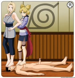 2girls clothed_female_nude_male erect_penis feet female femdom foot_fetish foot_on_chest foot_on_face happy human male naruto on_floor on_the_floor temari tenzen toes trampling tsunade