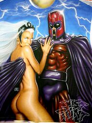 1boy 1girls ass clothed_male_nude_female dark-skinned_female dark_skin earrings erik_lehnsherr female interracial just2paint long_hair magneto male marvel max_eisenhardt nude ororo_munroe storm_(x-men) tiara white_eyes white_hair x-men