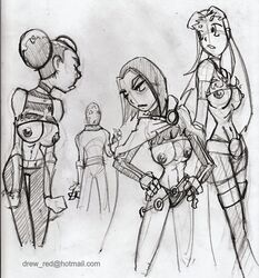 3girls bumblebee_(dc) dc dc_comics female hotspot karen_beecher monochrome multiple_girls nipples raven_(dc) reddrew sketch starfire straight_hair teen_titans