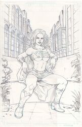 belt boots breasts cape city clothing comic_paper dc female female_only front_view human looking_at_viewer monochrome outdoors panties parted_lips plant sitting skirt solo supergirl tagme traditional_media_(artwork) underboob