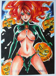 1girls female female_only goblin_queen_(x-men) halloween human human_only light-skinned_female light_skin madelyne_pryor marvel pumpkin red_hair sanna_u torn_cape visible_nipples watermark x-men