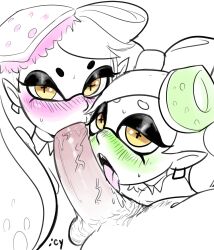 balls blush callie_(splatoon) cousins female ffm_threesome hair_ornament iseenudepeople licking limited_palette looking_at_viewer male marie_(splatoon) nintendo oral oral_sex penis pov sex splatoon squid_sisters straight sucking tentacle_hair testicles threesome yellow_eyes