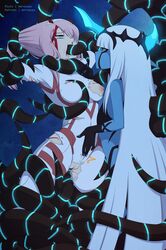 2girls ahe_gao black_tentacles blood blue_skin bodysuit breasts clothed_sex clothing darling_in_the_franxx double_penetration female female_only half-closed_eyes hand_on_another's_stomach highres horns incest klaxo-sapien long_hair medium_breasts merunyaa monster_girl multiple_girls nipples oni_horns open_mouth oral penetration pink_hair pussy rape restrained rolling_eyes smile spread_legs tentacle tentacle_around_breasts tentacle_hair tentacle_rape torn_bodysuit torn_clothes vaginal_penetration white_hair zero_one_(darling_in_the_franxx) zero_two_(darling_in_the_franxx)