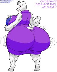 anthro ass big_breasts big_butt boss_monster bovid breasts caprine clothing english_text exclamation_point female goat habbodude hi_res horn huge_breasts huge_butt looking_back mammal open_mouth red_eyes robe shaking_butt solo text thick_thighs toriel tracer_painter undertale undertale_(series) white_body wide_hips