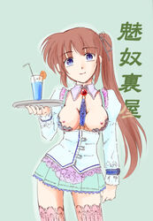 blue_eyes breastless_clothes breasts brown_hair highres jason_(kaiten_kussaku_kikou) lyrical_nanoha mahou_shoujo_lyrical_nanoha mahou_shoujo_lyrical_nanoha_strikers nanoha_takamachi nipples ponytail smile takamachi_nanoha tied_hair tray waitress