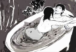 1boy1girl bathing bathing_together bathtub breasts harakara12 holding holding_weapon konan kunai monochrome nail_polish naked naruto naruto_(series) naruto_shippuden nude shared_bathing short_hair uchiha_obito weapon