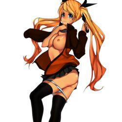 1girls black_legwear blonde_hair blue_eyes canon_genderswap female female_only legwear naruko naruto panties panty_pull rule_63 solo stockings uzumaki_naruto whisker_markings