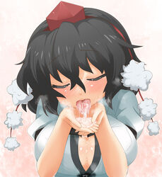 1girls black_hair blush breasts cleavage closed_eyes cum cum_in_mouth cum_on_tongue cum_pool cumdrip cupping_hands female hat highres large_breasts loggy shameimaru_aya solo sweatdrop tear tokin_hat tongue touhou