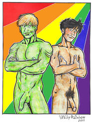 2boys balls ballsack black_hair blonde_hair crossed_arms earrings erect_nipples foreskin foreskin_folds gay gay_pride green_skin hulkling human humanoid humanoid_penis intact light-skinned_male light_skin long_foreskin male male/male male_nipples male_only male_pubic_hair marvel multiple_males muscular muscular_male no_pubic_hair nude_male penis penis_size_difference retracted_foreskin scrotum semi-erect shaved_crotch smooth_skinned_male testicles uncut unretracted_foreskin veiny_penis wally_rainbow wiccan yaoi young_avengers