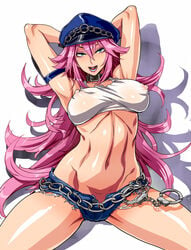 blue_eyes breasts choker cut_offs denkishowgun final_fight hair hand_cuffs hat jean_shorts large_breasts pink_hair poison_(final_fight) short_shorts street_fighter tank_top