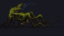 alien animal_genitalia bioluminescence cloaca elemental_creature english_text female feral flora_fauna genitals glowing hi_res meandraco moss original_character plant simple_background solo text unusual_anatomy