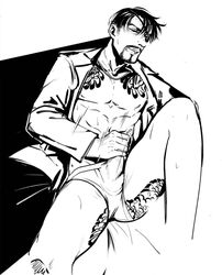 1boy clothed_masturbation clothing crotch eyepatch facial_hair gold_chain gold_necklace irezumi lying majima_goro male_only masturbation masturbation_through_clothing mature_male necklace no_pants penis precum precum_through_clothing precum_through_underwear ryuu_ga_gotoku solo solo_focus tagme tattoo underwear