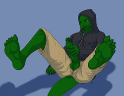 5_toes erection green_skin hoodie human_feet lizard male male_only masturbation penis reptile scalie yellowpower