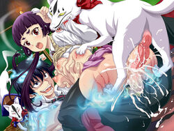 anal ao_no_exorcist ass biting black_legwear blood breast_grab breasts censored cowgirl_position cum cum_inside cuts doggy_style double_penetration eyebrows familiar fur hime_eyebrows injury kamiki_izumo lolita_channel long_hair necktie nipples no_bra no_panties okumura_rin open_mouth penis purple_hair rape red_eyes school_uniform scratch sex shirt_lift short_eyebrows striped striped_necktie thighhighs tied_hair tongue tongue_out twintails vaginal_penetration wolf zoophilia