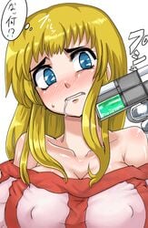 arc_the_lad blonde_hair blue_eyes blush breasts bully bullying cleavage clenched_teeth drooling drug drugged drugs erect_nipples female getter gun huge_breasts lieza nipples saliva scared simple_background sweat teeth terror text translation_request weapon white_background