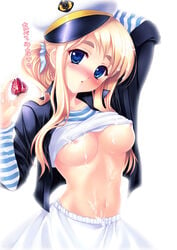 :o areola_slip areolae arm_up blonde_hair blue_eyes blush breasts cum cum_on_body cum_on_breasts cum_on_hair cum_on_upper_body eyebrows facial female food fruit hat head_tilt human human_only k-on! large_breasts listen!! long_hair midriff miiru navel nipples no_bra peaked_cap perky_breasts shirt_lift shirt_up sleeves_rolled_up solo strawberry translated tsumugi_kotobuki_(k-on!) underboob