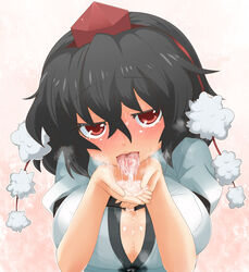 1girls black_hair blush breasts cleavage cum cum_in_mouth cum_on_tongue cum_pool cumdrip cupping_hands female hat highres large_breasts loggy red_eyes shameimaru_aya smile solo sweatdrop tear tokin_hat tongue touhou