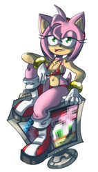 amy_rose anthro bikini boots bracelet breasts clothes color female female_only fur furry furry_only gloves green_eyes hedgehog medium_breasts pink_fur short_hair simple_background sitting solo sonic_(series) the_brave white_background